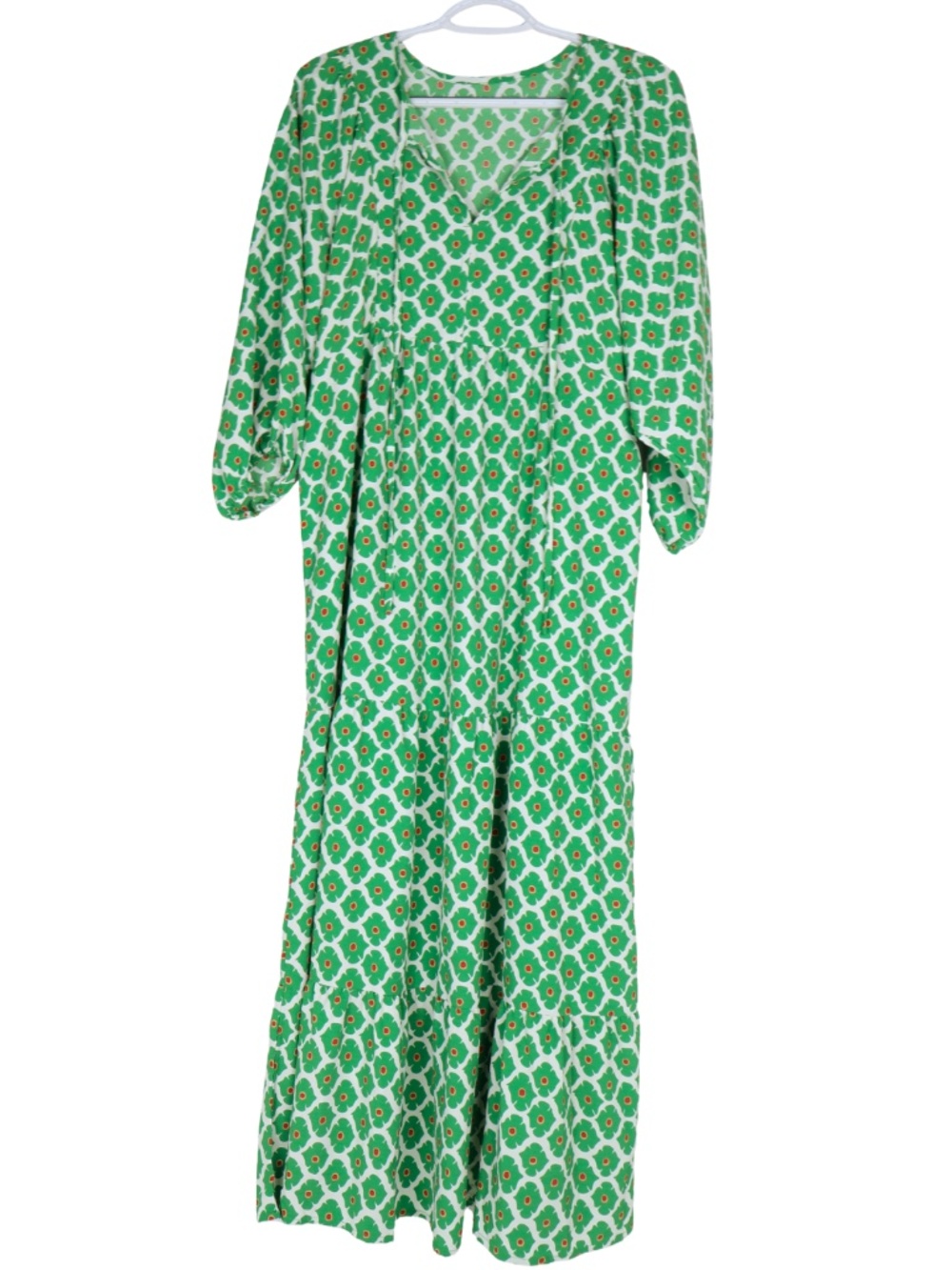 MIDUO Womens Medium Green Floral Maxi Dress Boho Tiered 3/4 Sleeve